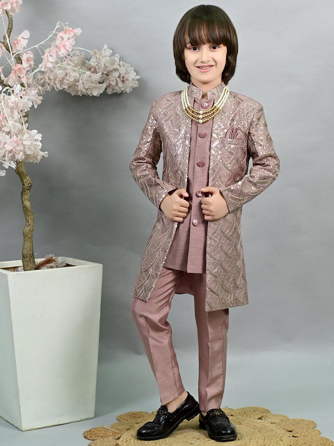 ahhaaaa Boys Sequin Embroidered Mandarin Collar Sherwani Set