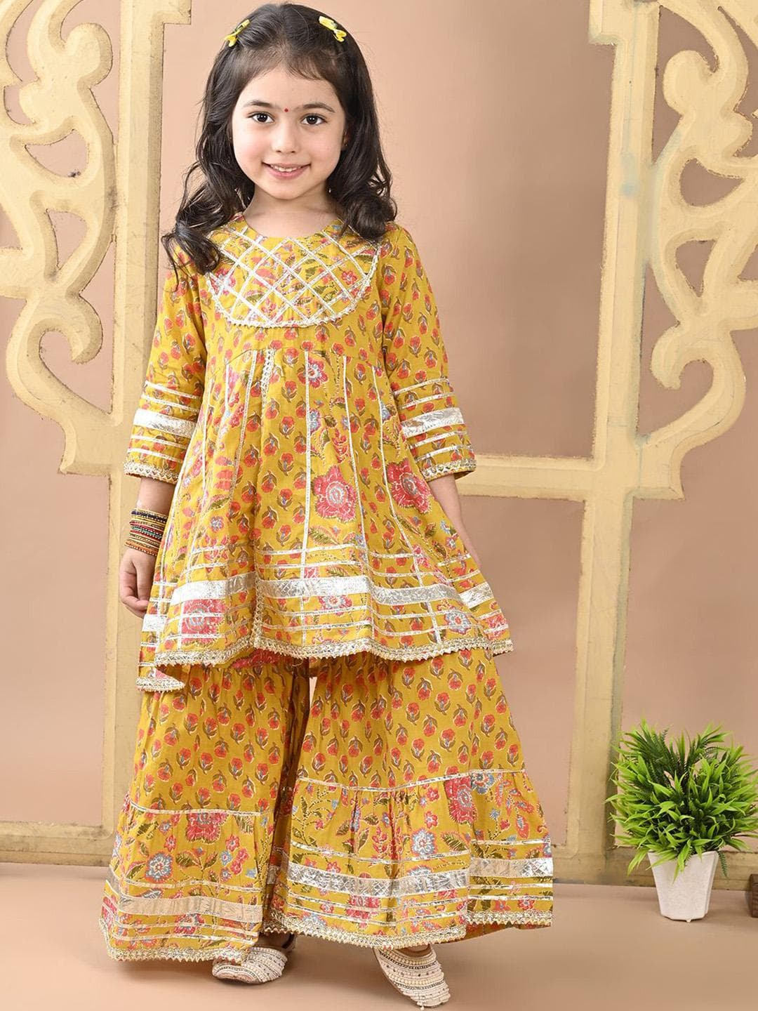 Superminis Girls Floral Printed Gotta Patti Pure Cotton Anarkali Kurti with Sharara