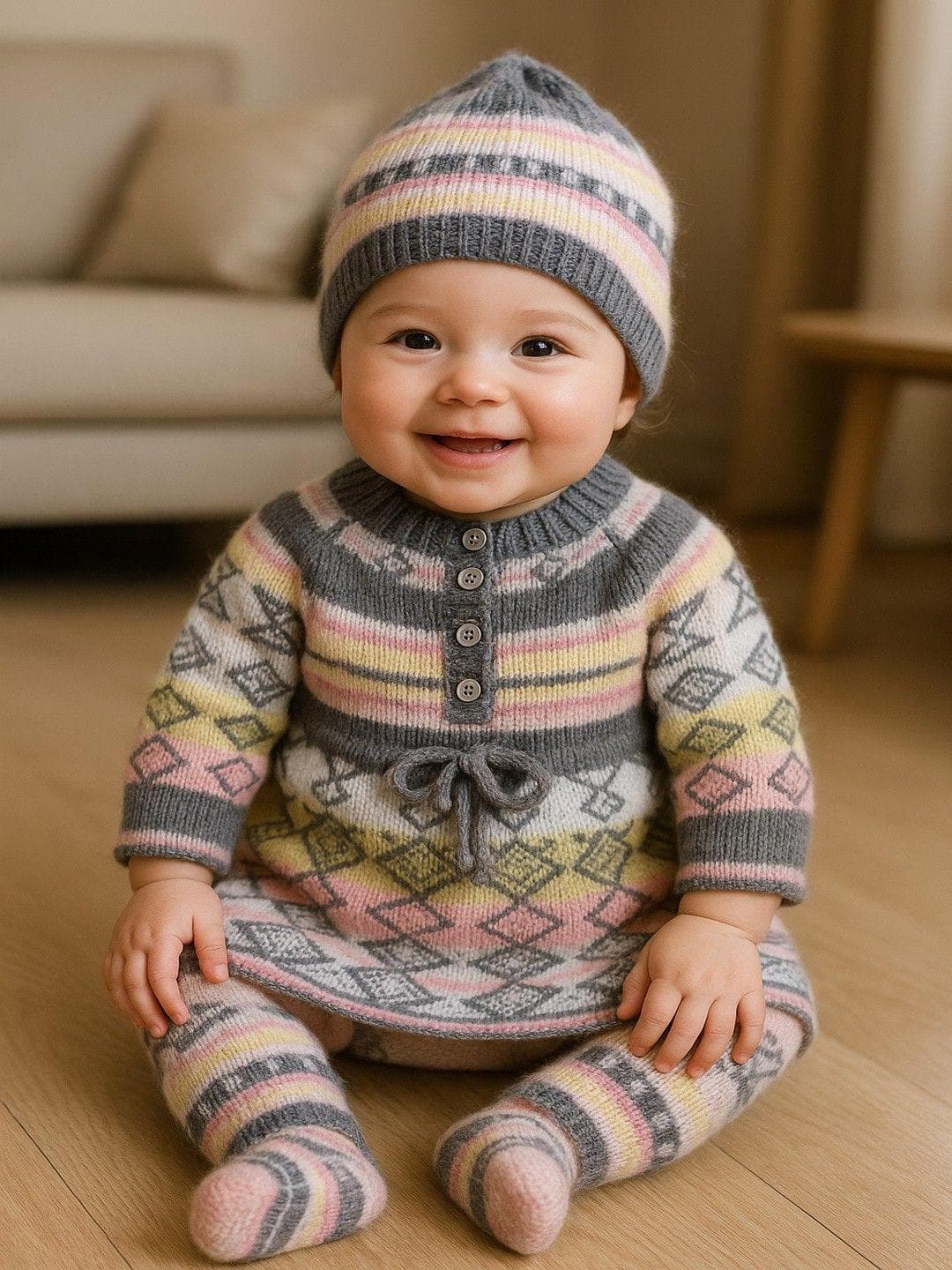 LeafBird Infants 4Pc Printed Sweater With Trousers & Booties & Caps Gift Set