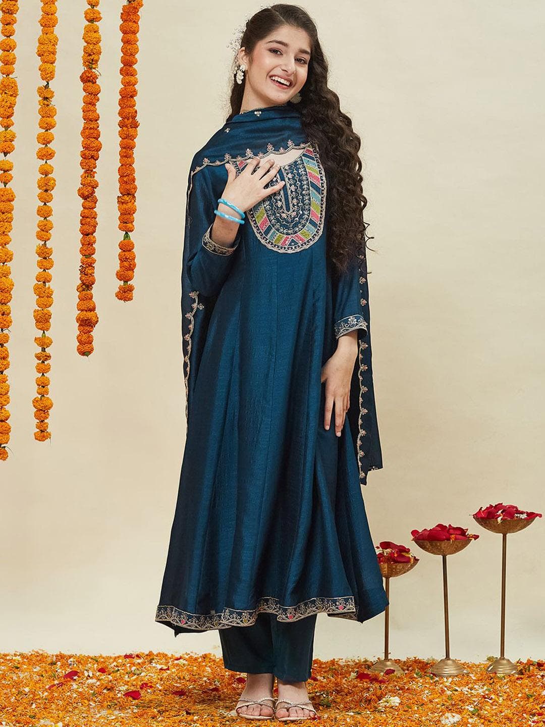 CurlyTales Girls Silk Embroidered Anarkali Kurta and Pant Set with Dupatta