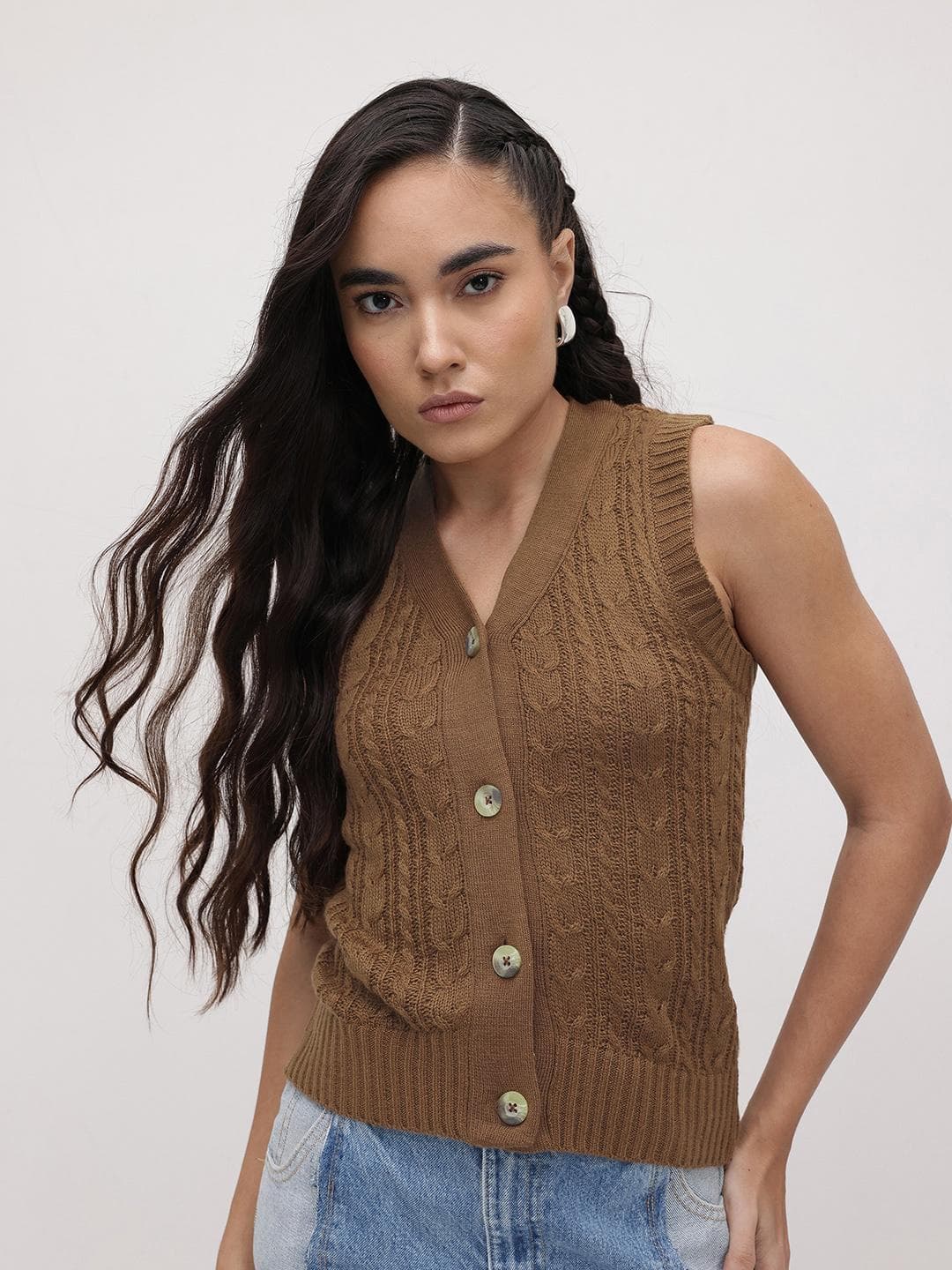 The Roadster Life Co. Cable Knit Front Open Sleeveless Cardigan