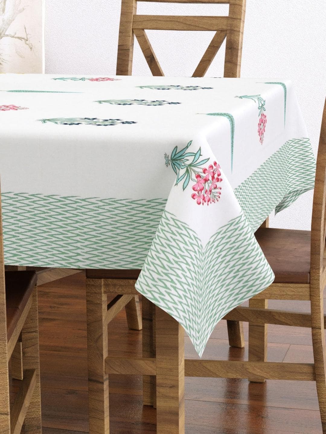Texstylers White & Green Floral Printed Anti-Slip Cotton 6-Seater Table Cover