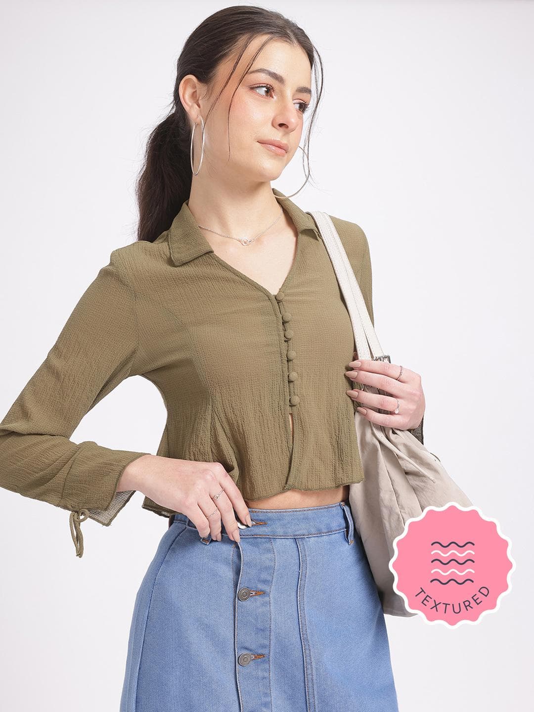 glitchez Textured Cropped Peplum Top