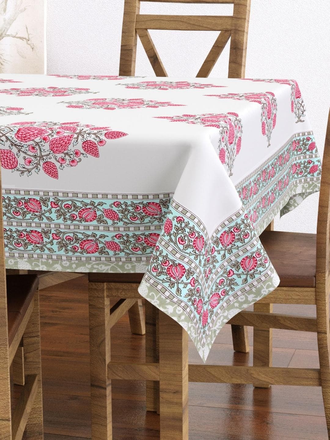 Texstylers White & Pink Floral Printed Anti-Slip Cotton 6-Seater Table Cover