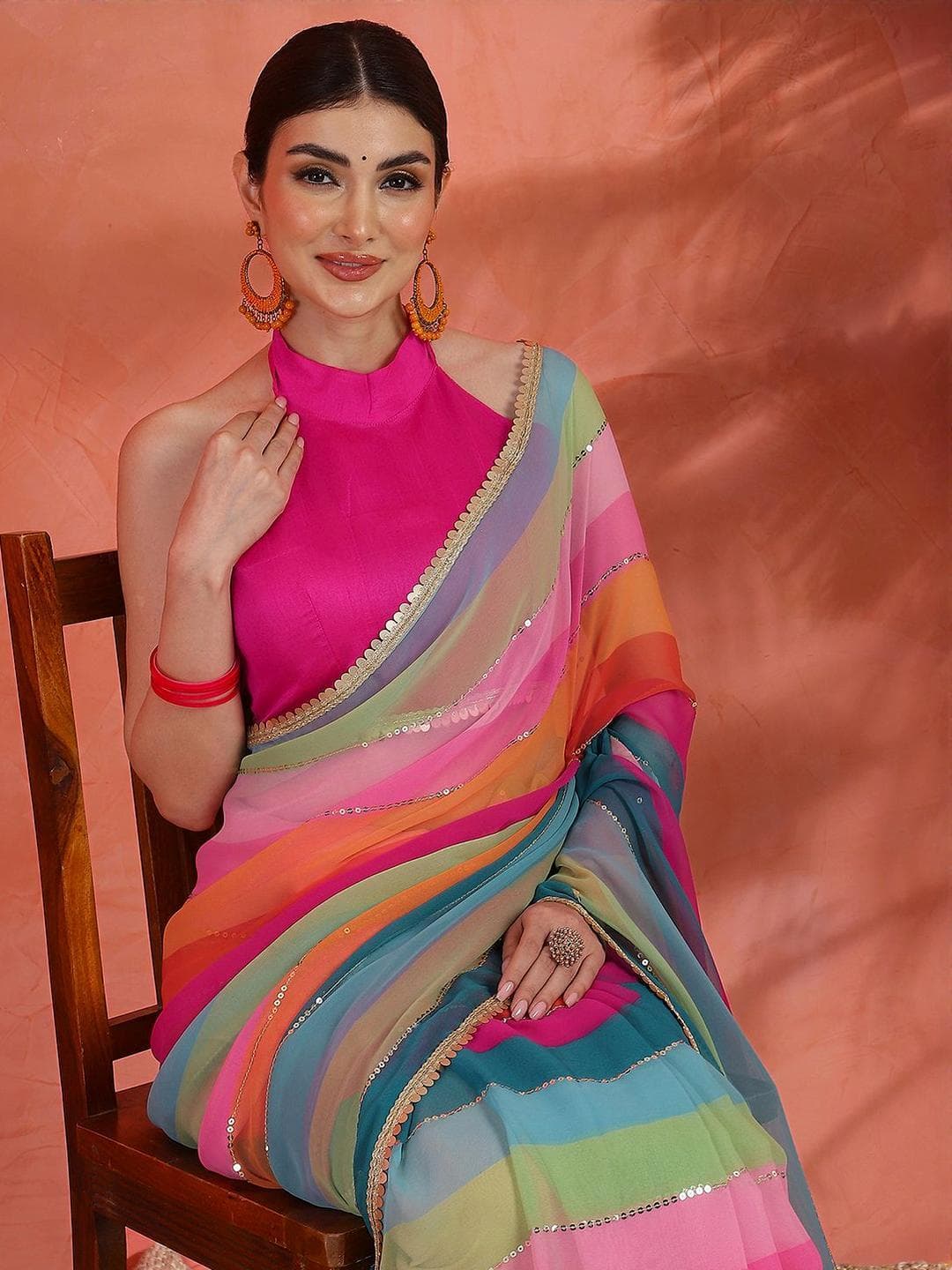 Sangria Striped With Embellished Saree With Unstitched Blouse