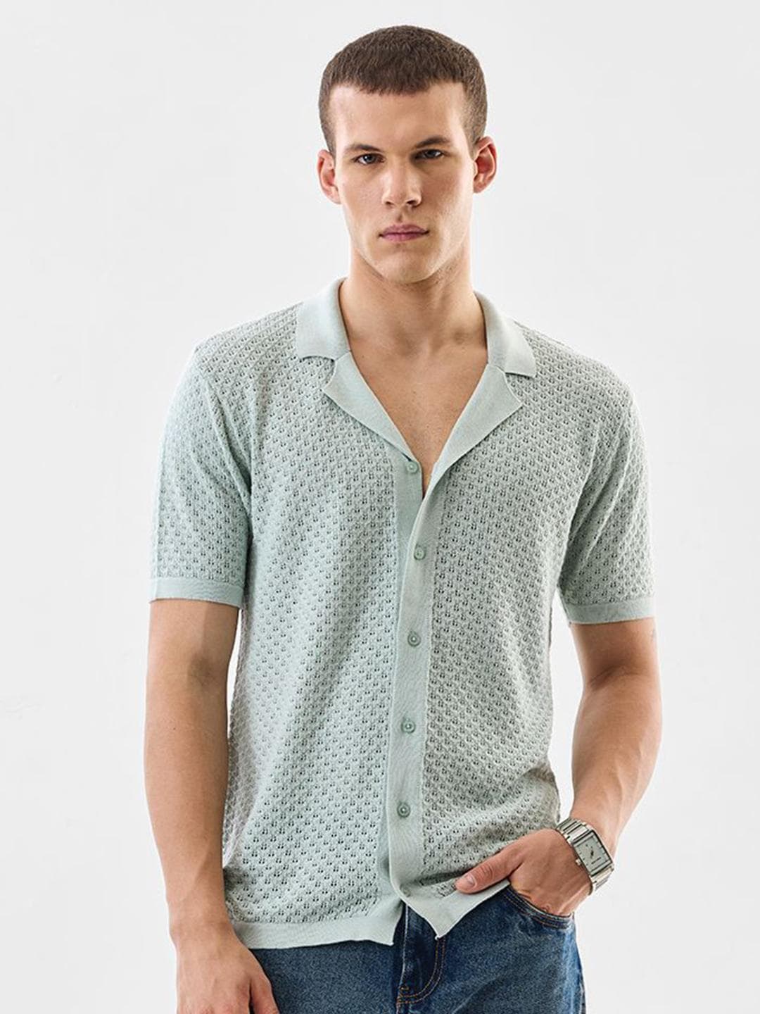 Snitch Men Textured Cuban Collar Pure Cotton Casual Shirt