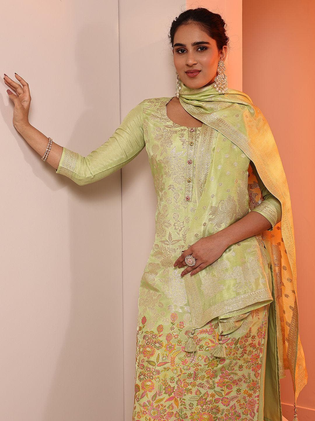 Libas Floral Printed U-Neck Zari Straight Kurta With Trouser And Dupatta
