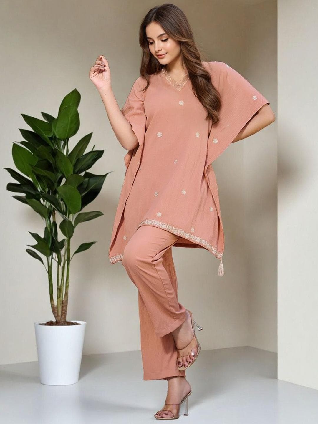 Peach Embroidered V-Neck Tunic with Trousers Co-Ords