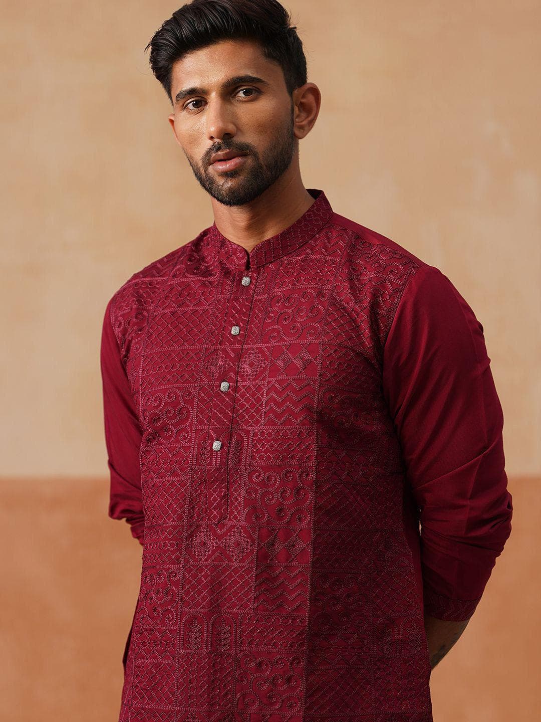 Jompers Geometric Embroidered Mandarin Collar Thread Work Cotton Silk Straight Kurta