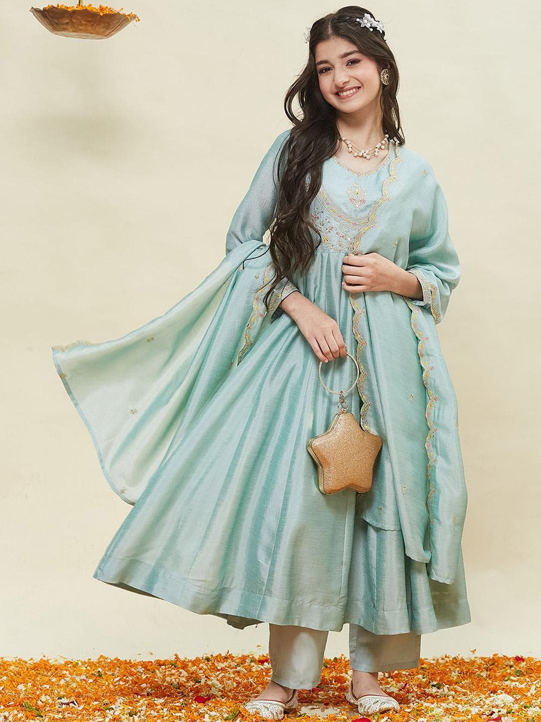 CurlyTales Girls Silk Embroidered Anarkali Kurta and Pant Set with Dupatta