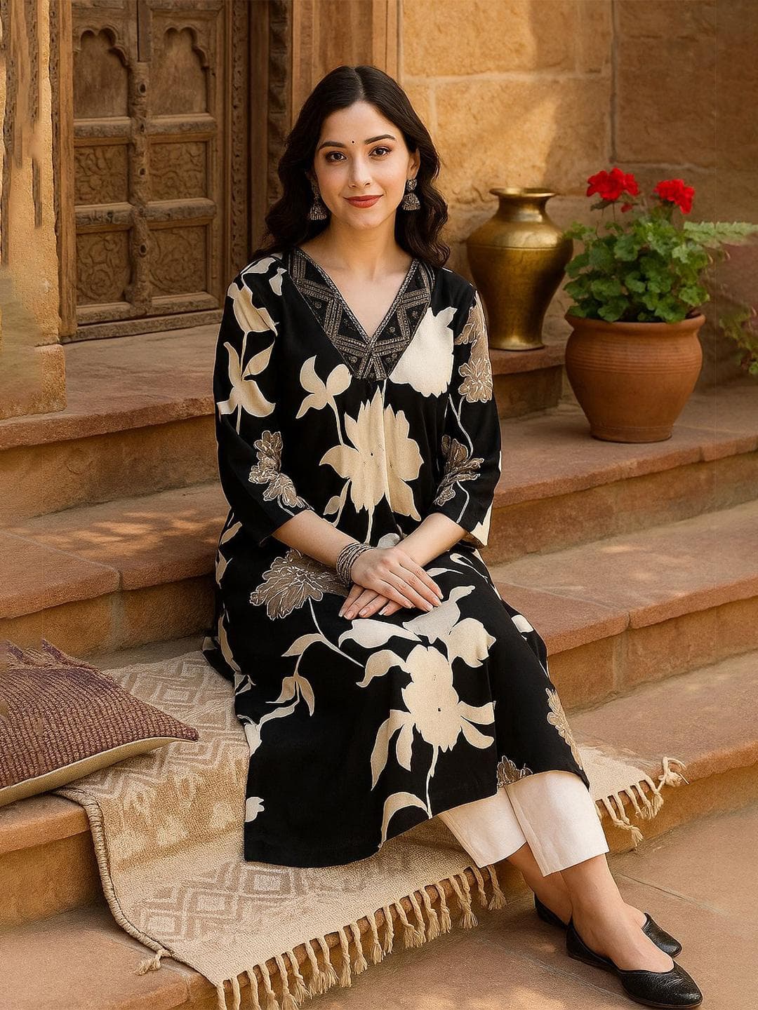 Maaesa Floral Printed V-Neck Straight Kurta