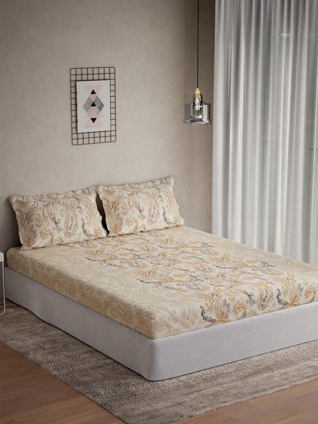 DDecor Vega Collection Beige Ethnic Cotton 145TC Queen Bedsheet With 2 Pillow Covers