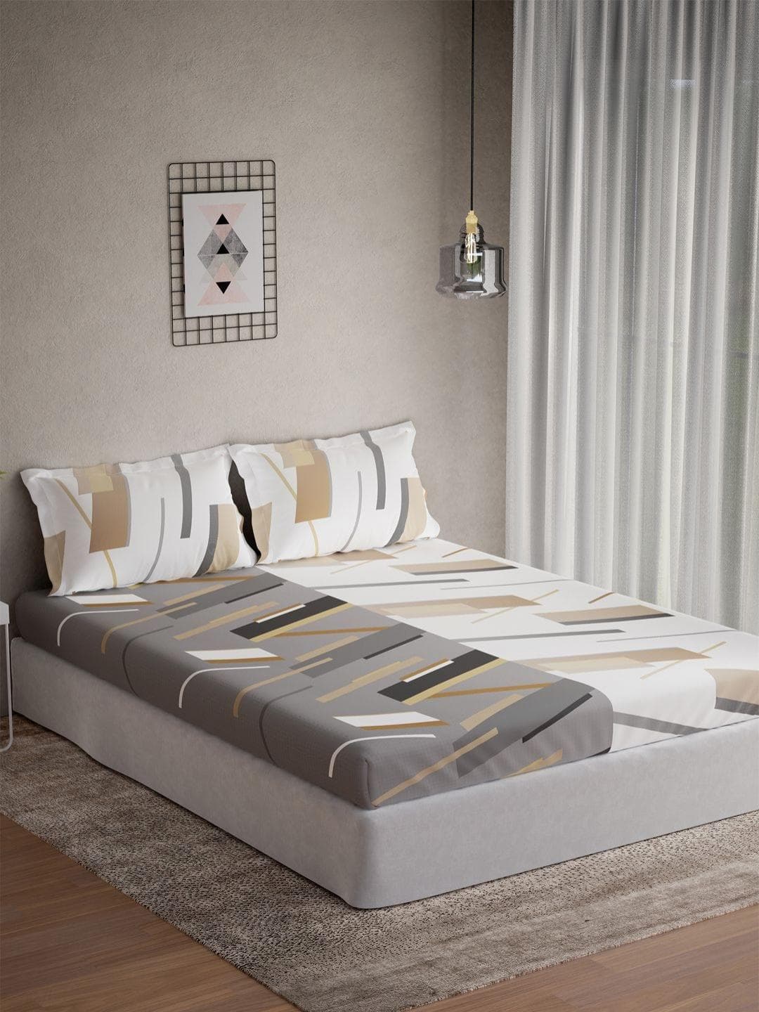 DDecor Vega Collection Grey Geometric Cotton 145TC Queen Bedsheet With 2 Pillow Covers