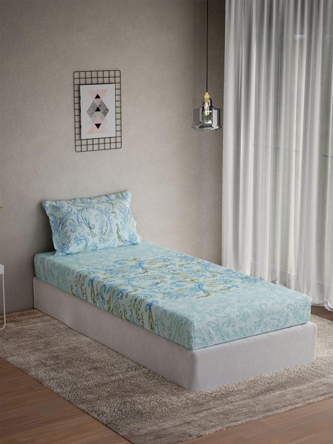 DDecor Vega Blue & Green Printed Cotton 144 TC Single Bedsheet Set 2.24 m x 1.52 m