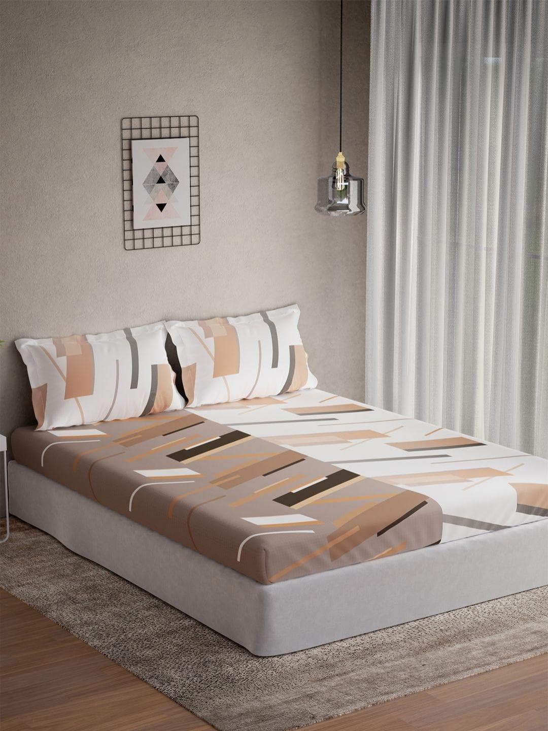 DDecor Vega Collection Brown Geometric Cotton 145TC Queen Bedsheet with 2 Pillow Covers