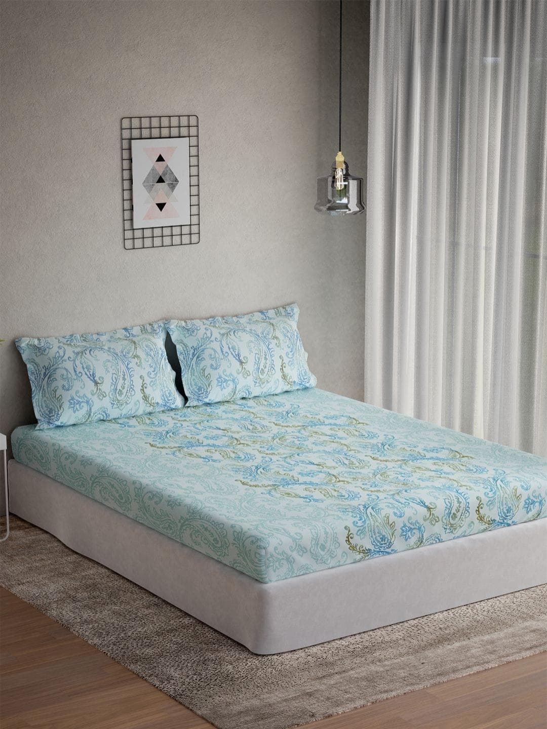 DDecor Vega Collection Blue Ethnic Cotton 145TC Queen Bedsheet with 2 Pillow Covers