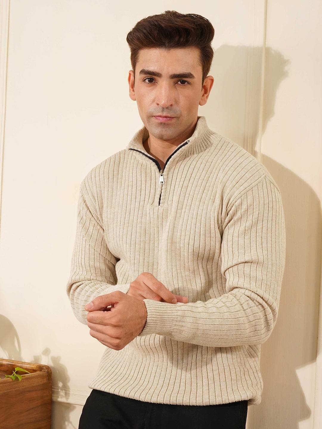 KVETOO Men Ribbed Half Zipper Pullover