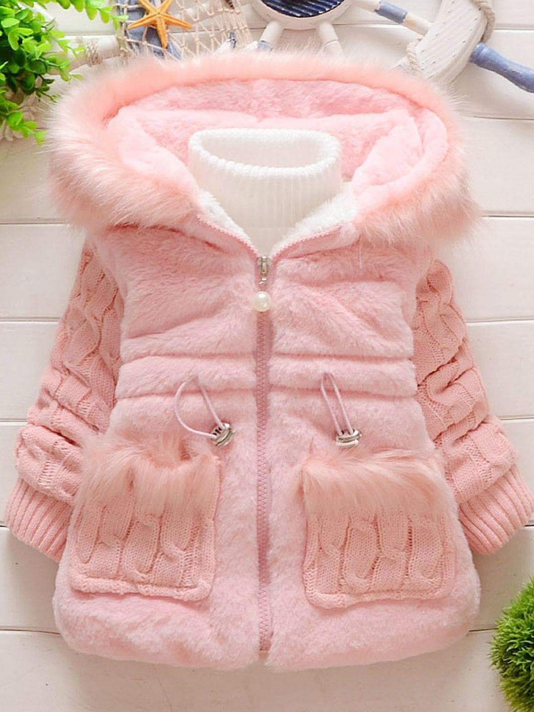 YK Girls Hooded Self Design Sherpa Jacket