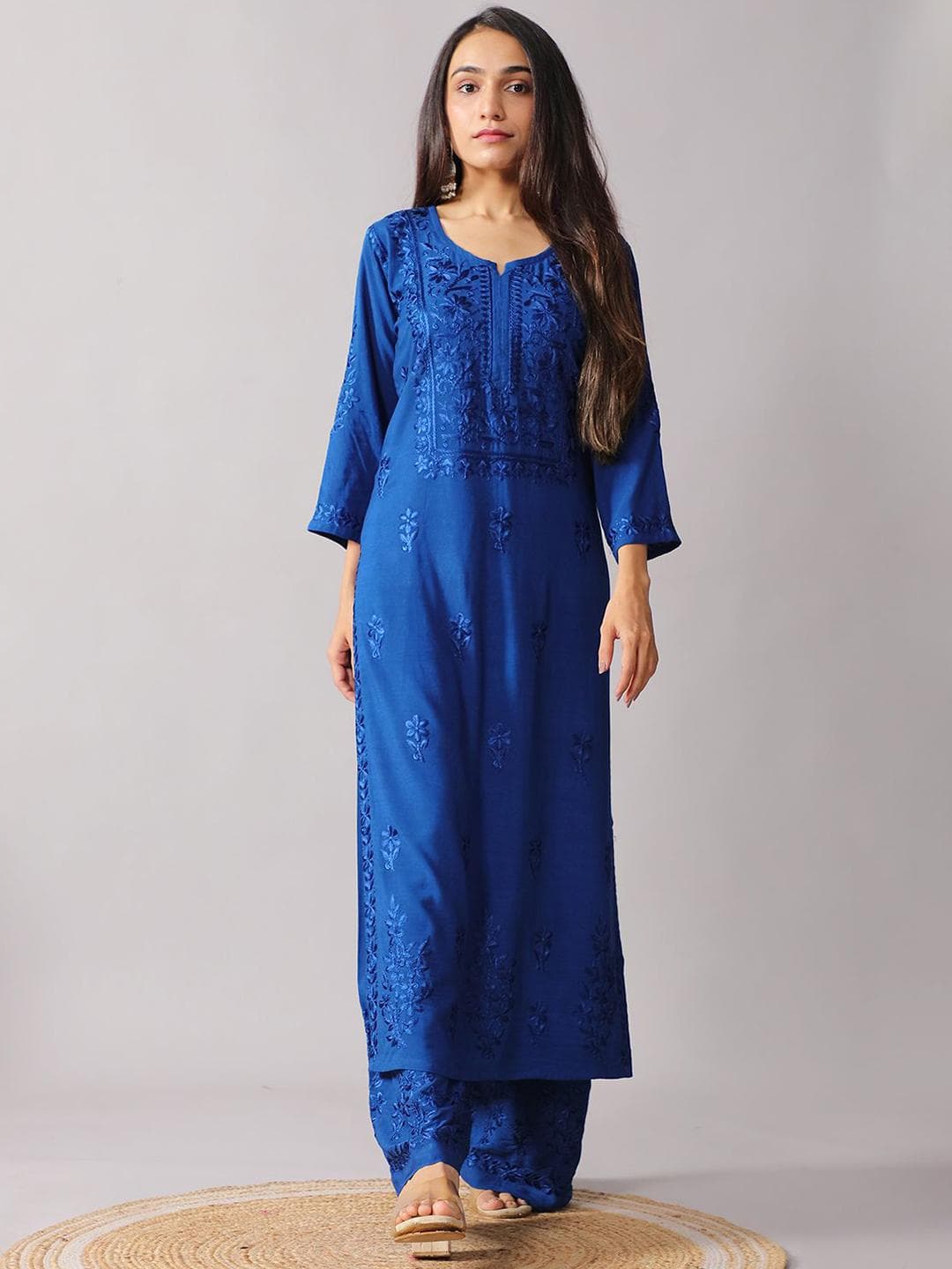 colorkosh Floral Embroidered Notch Neck Thread Work Straight Kurta With Palazzos Set