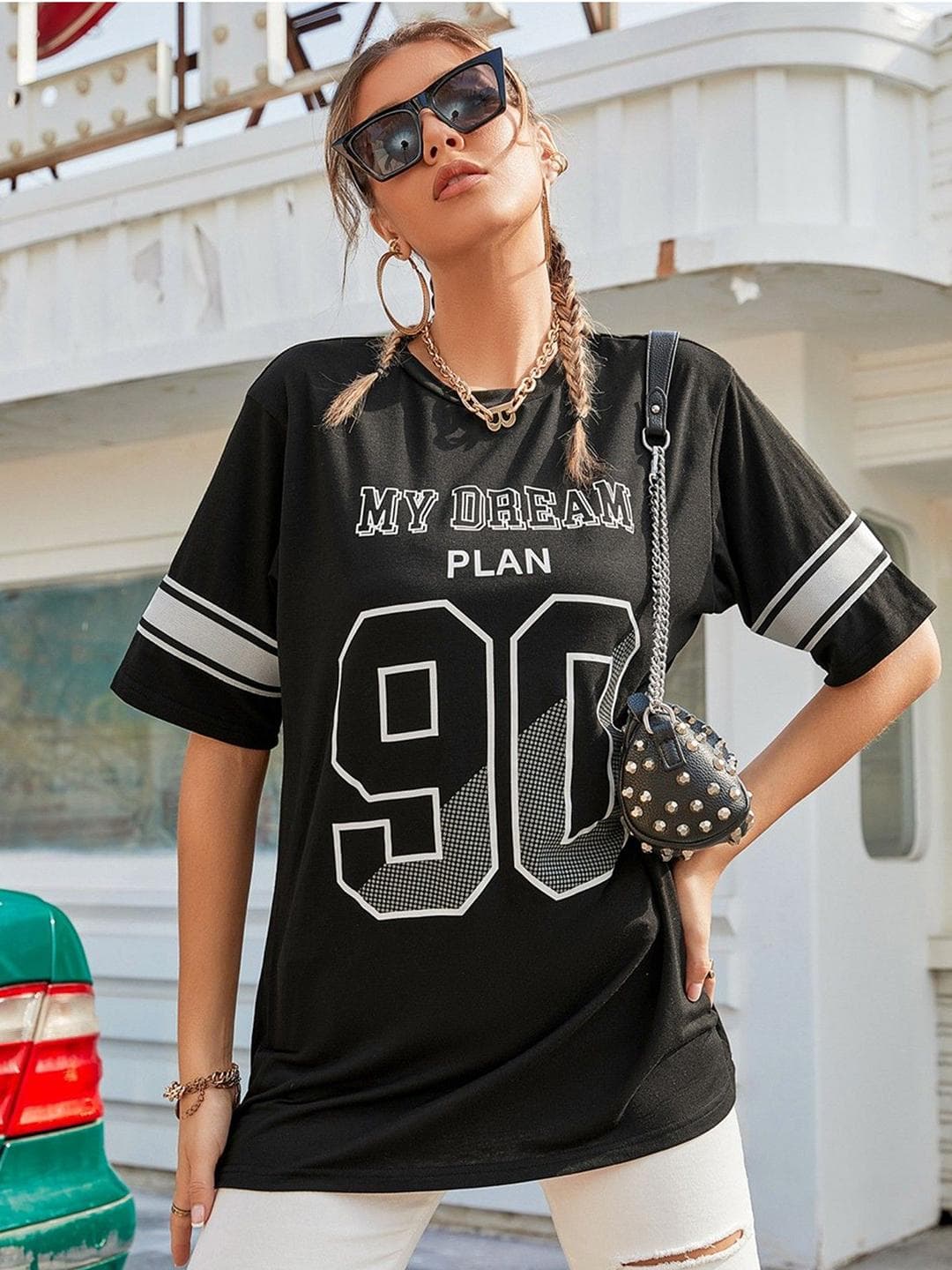 Christy World Women Varsity Printed Round Neck Oversized T-shirt