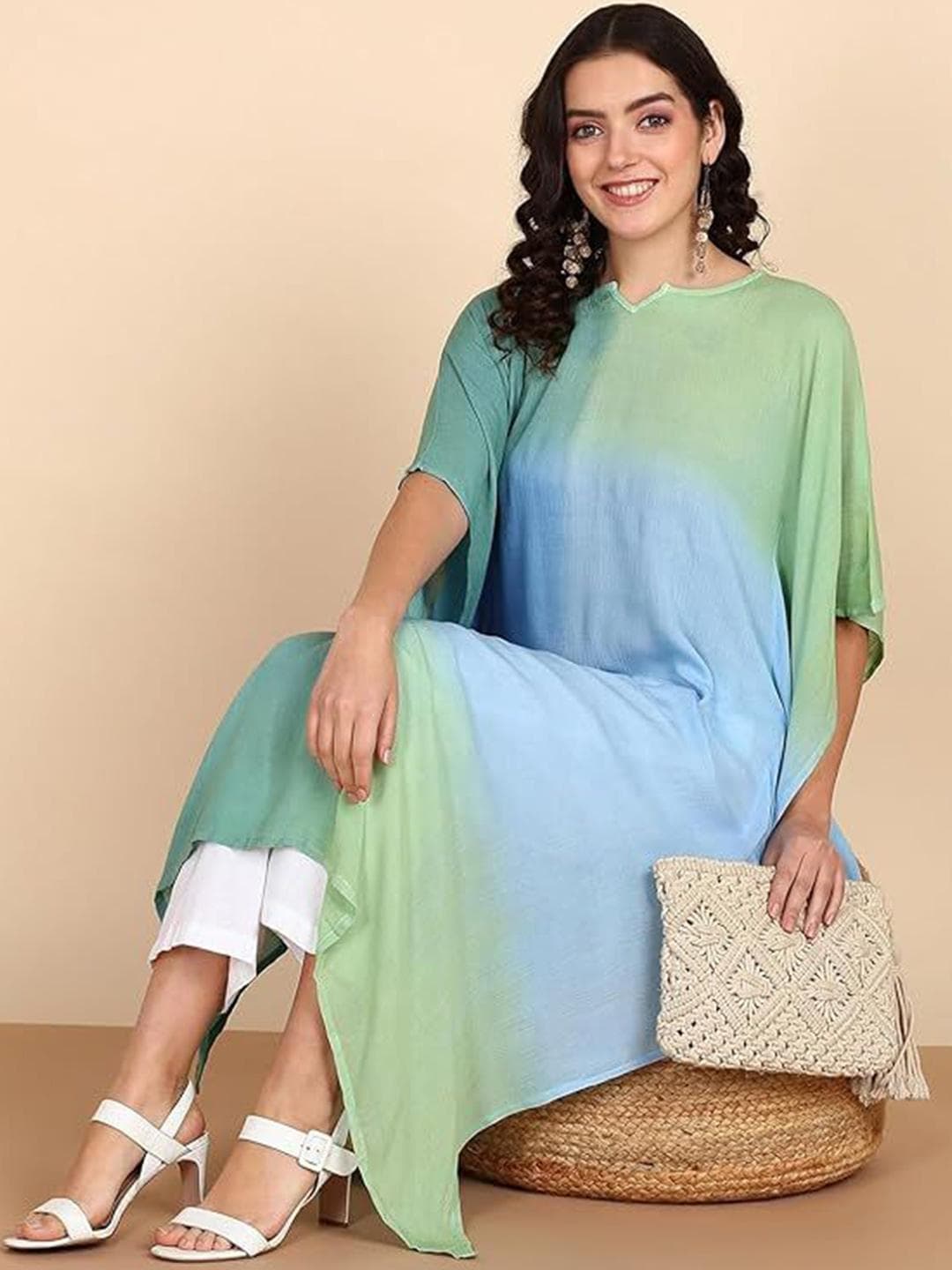 PinkTribe Tie & Dyed Notch Neck Flared Sleeves Kaftan Kurta