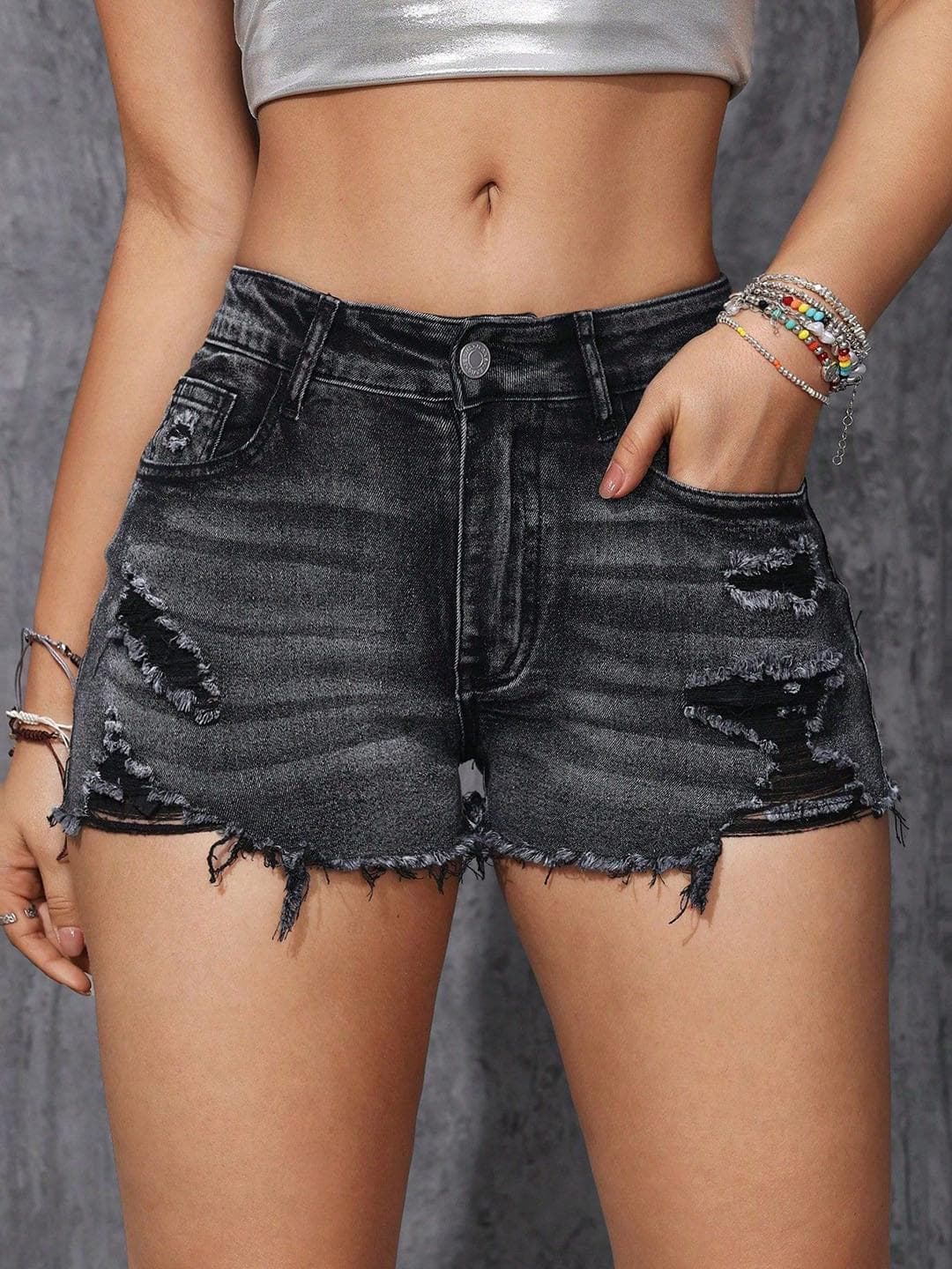 AVANOVA Women Regular Fit High-Rise Distressed Above Knee Denim Shorts