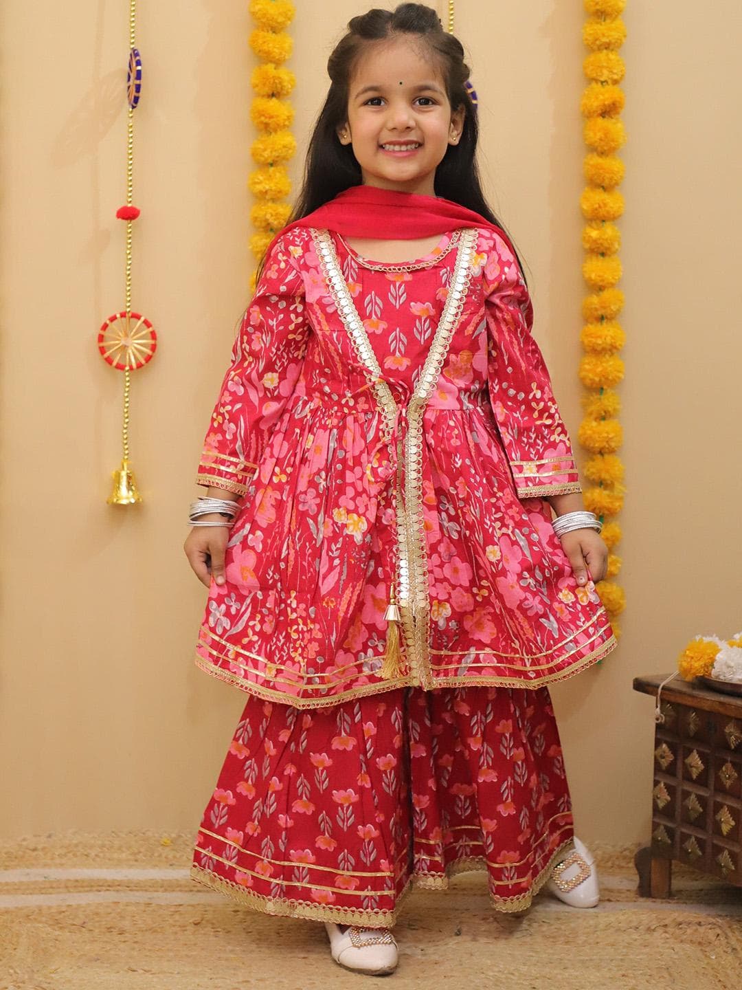 misbis Girls Floral Printed Cotton Anarkali Kurta with Palazzo & Dupatta