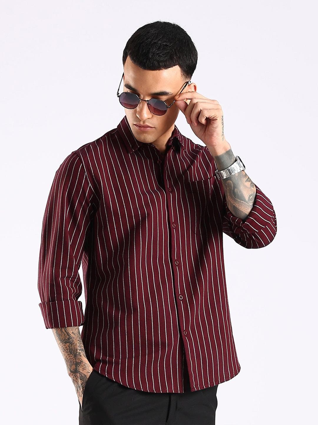 HERE&NOW Men Slim Fit Vertical Striped Button-Down Collar Cotton Casual Shirt
