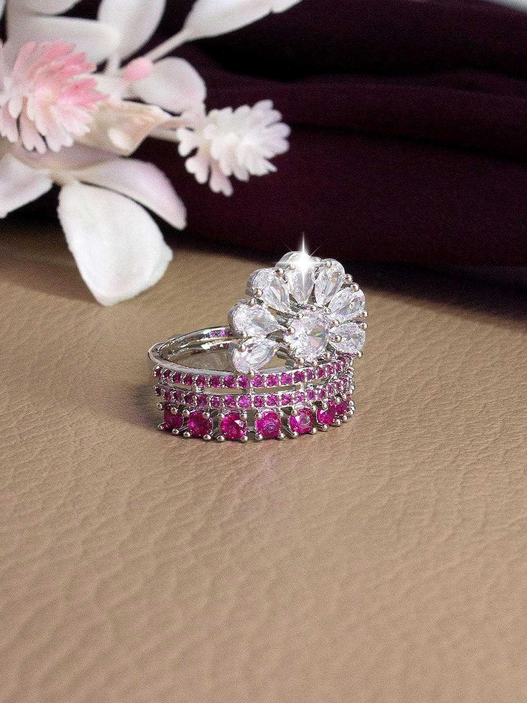 Buy PRIVIU Silver Plated American Diamond Studded Floral Design Adjustable Finger Ring - - Accessories for Women