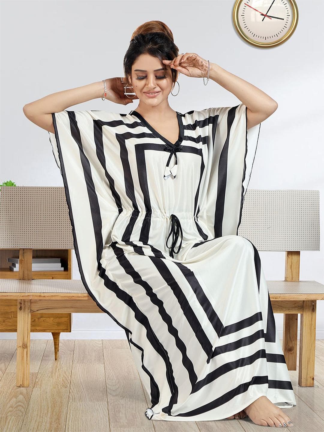Gutthi Women Striped Maxi Kaftan Nightdress