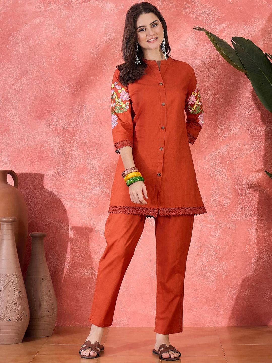 Sangria Floral Embroidered Cotton Tunic with Trousers Co-Ords