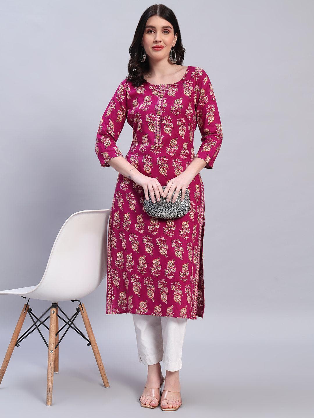 VICITRA Floral Printed Round Neck Straight Kurta