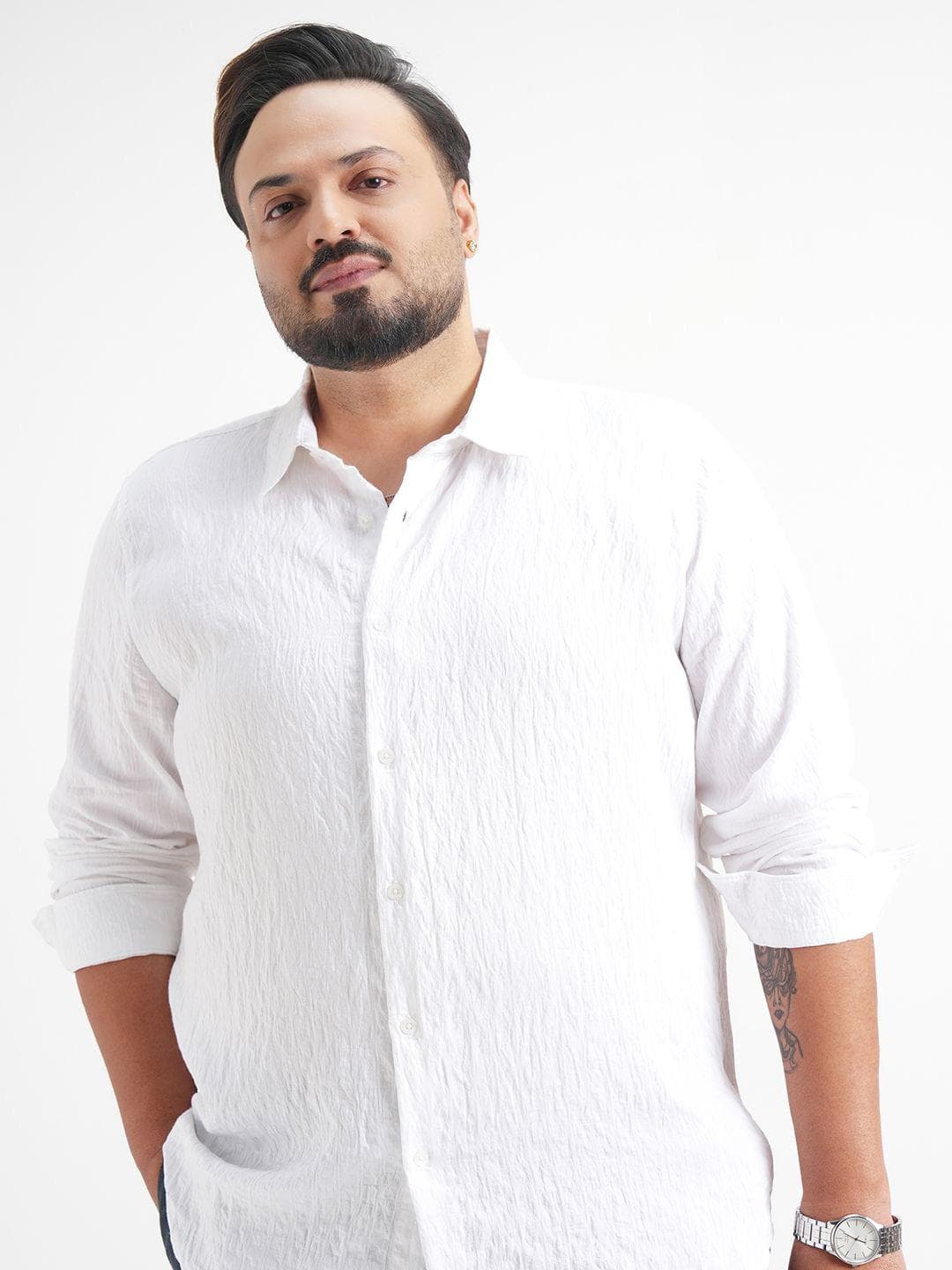 HIGHLANDER Plus Size Slim Fit Textured Spread Collar Shirt