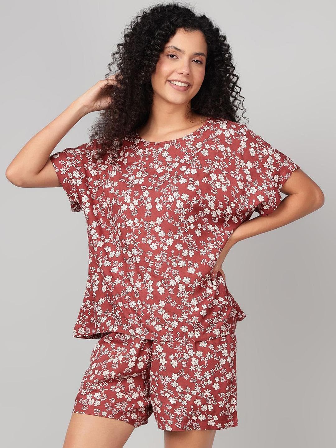 Clovia Women Floral Printed Top & Shorts Night Suits