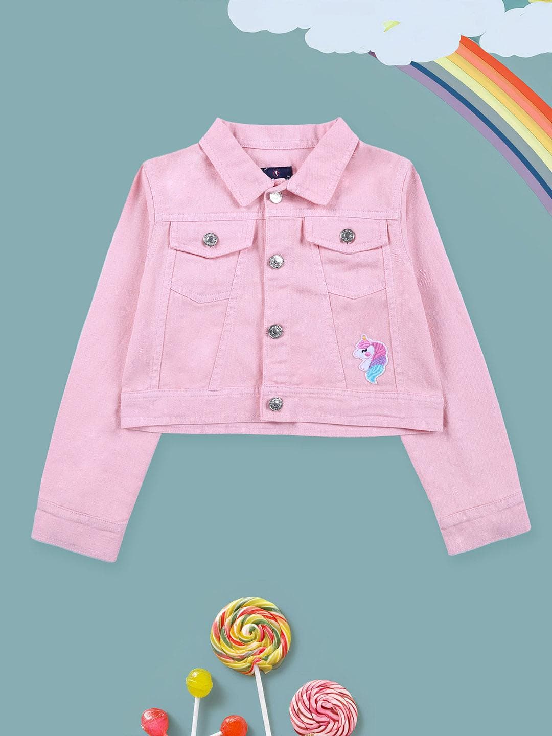 KiddoPanti Girls Spread Collar Solid Lightweight Casual Denim Jacket