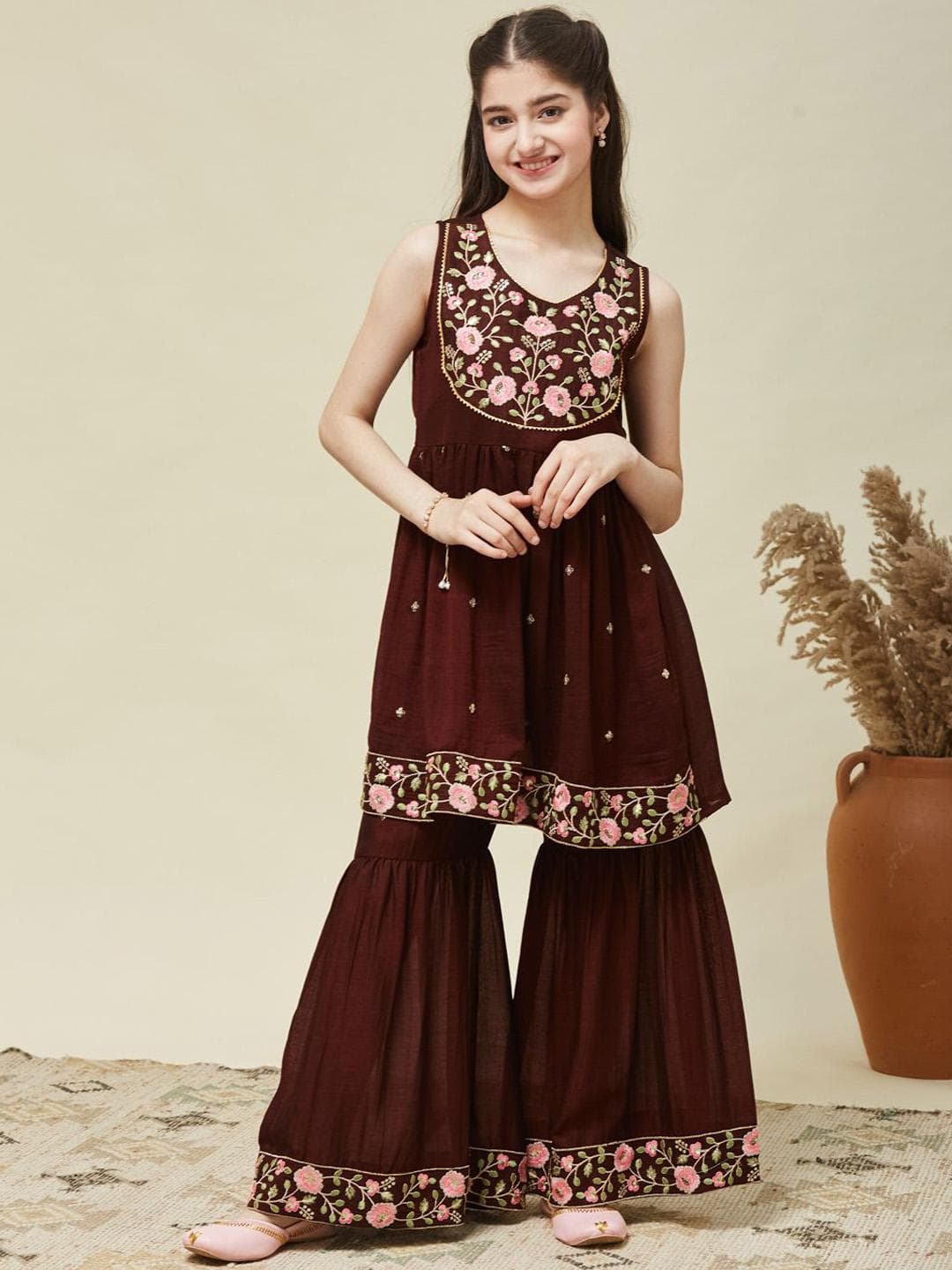 CurlyTales Girls Silk Embroidered Kurta and Sharara Set with Dupatta
