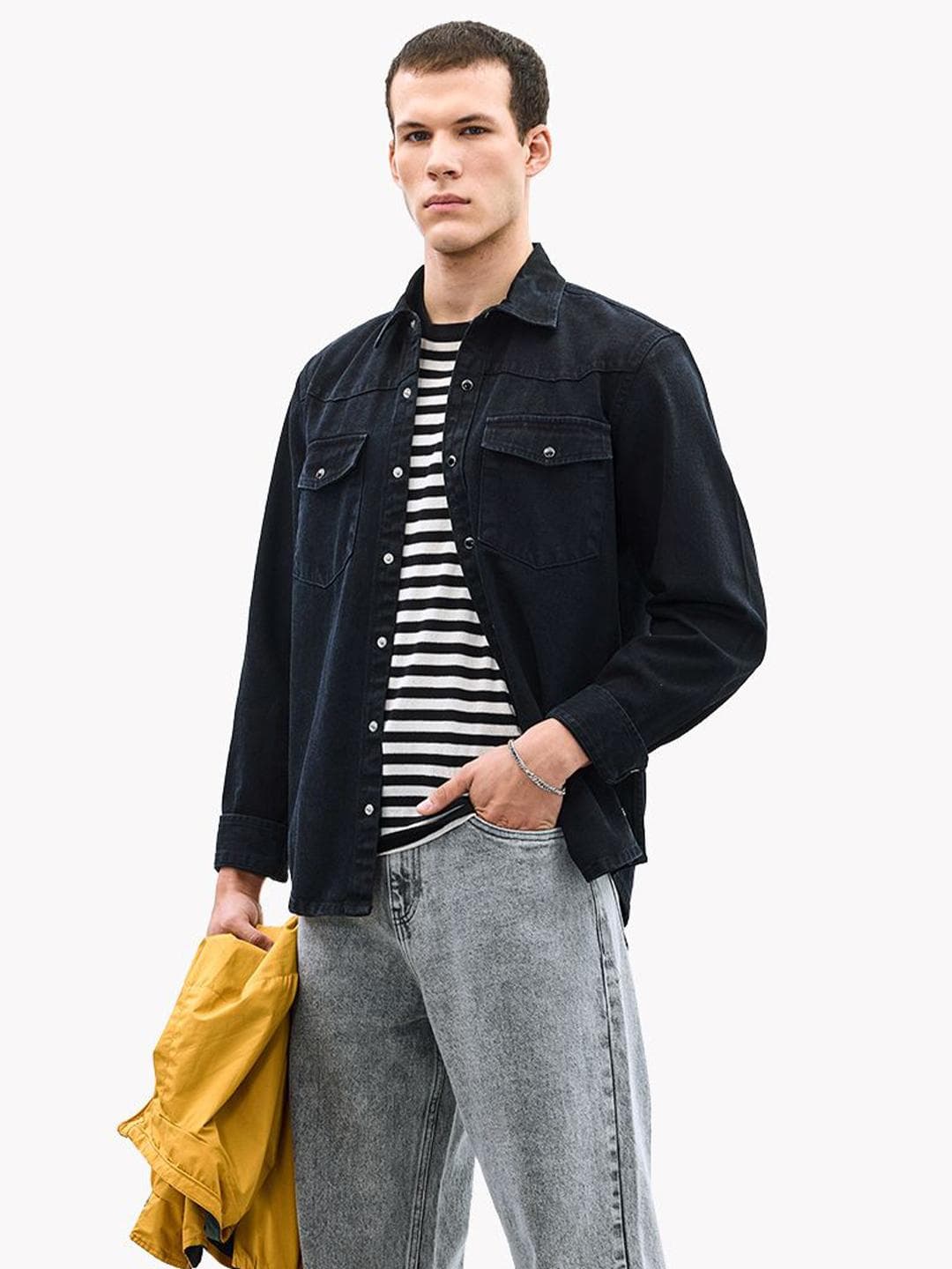 Snitch Black Relaxed Faded Cotton Casual Shirt