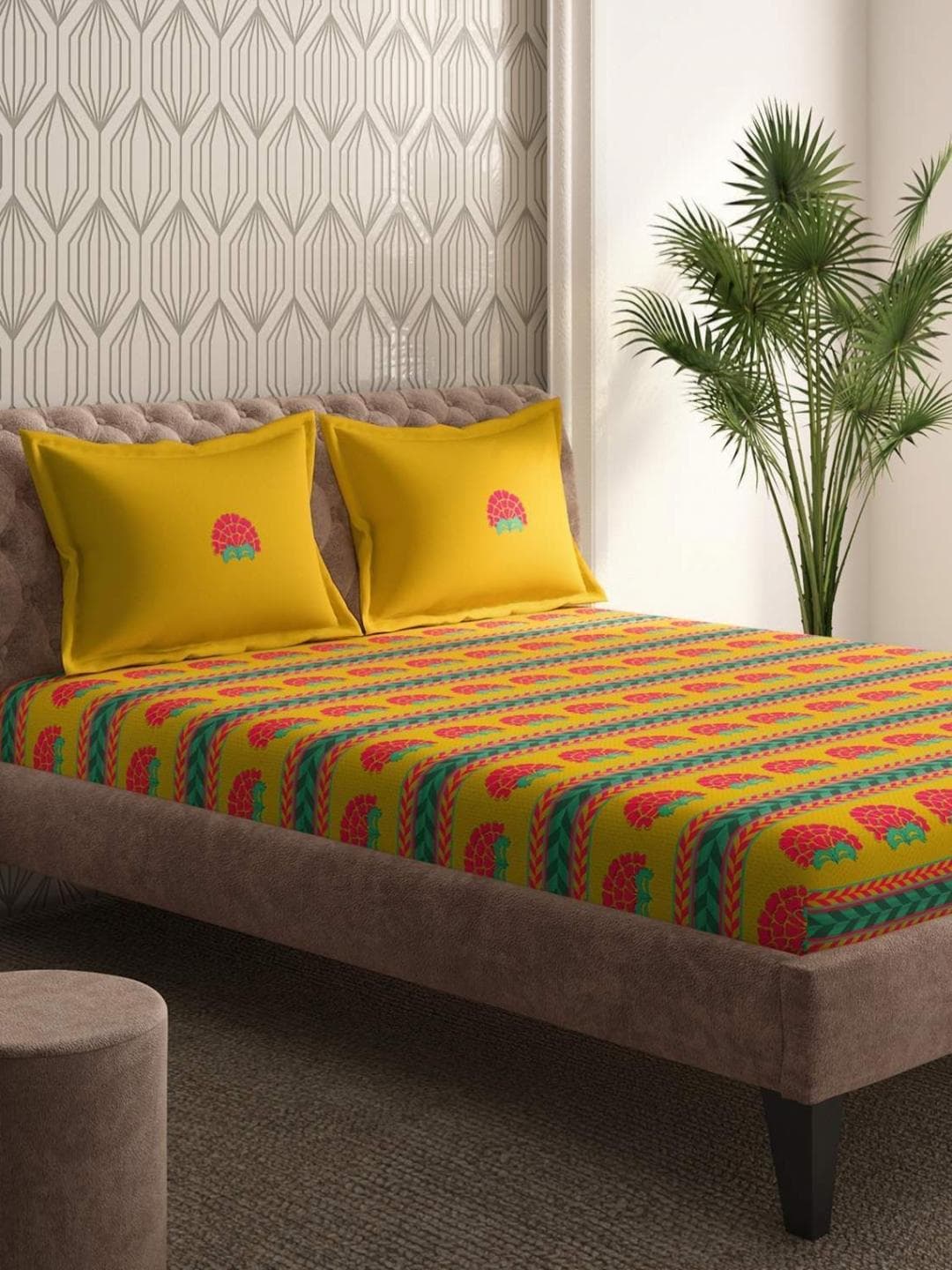 Buy Portico Gulmarg Mustard & Pink Printed Cotton 210 TC Super King Bedsheet Set 2.74 X 2.74m - - Home for Unisex