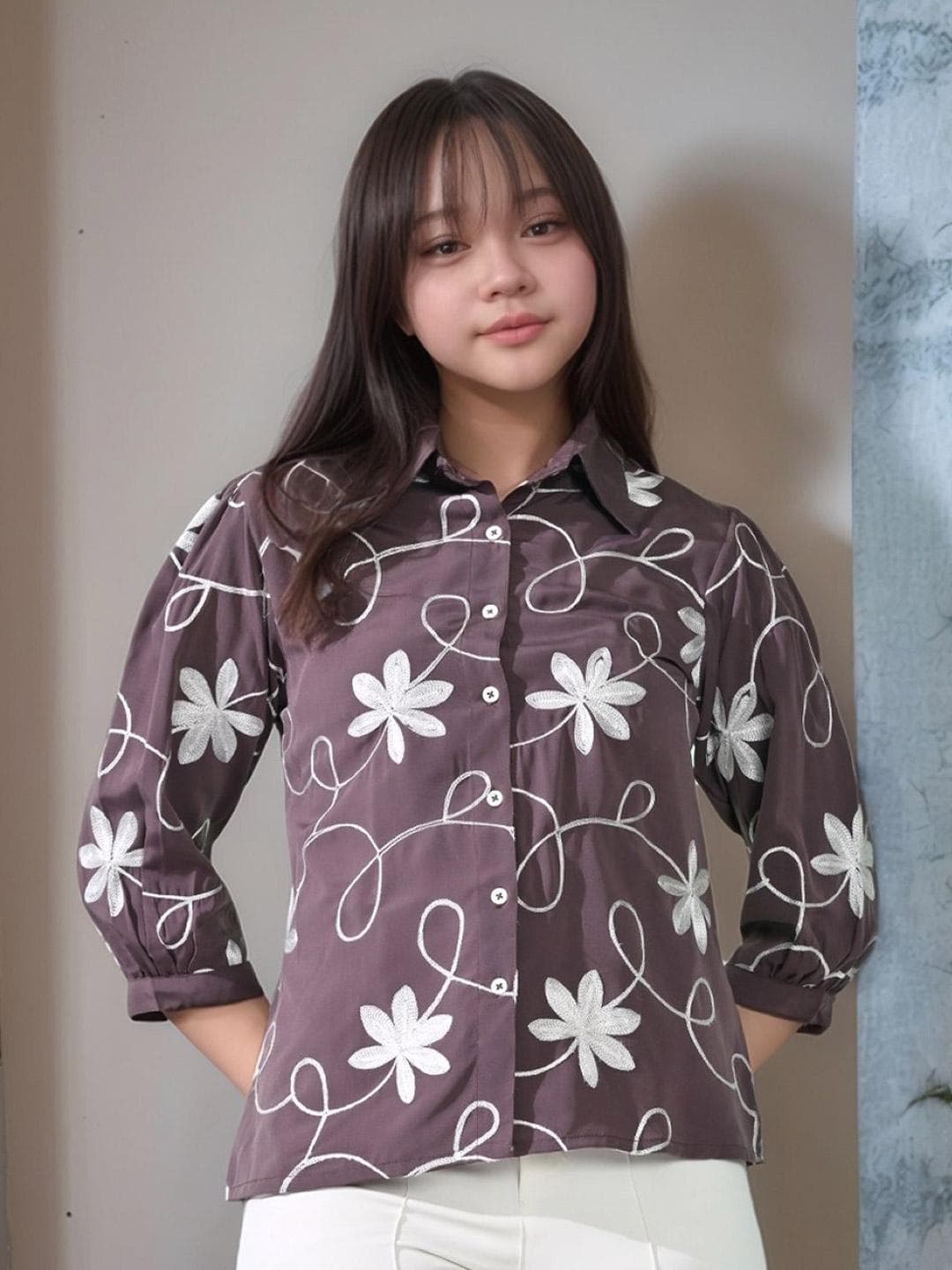 Myshka Girls Floral Embroidered Puff Sleeve Shirt Style Top
