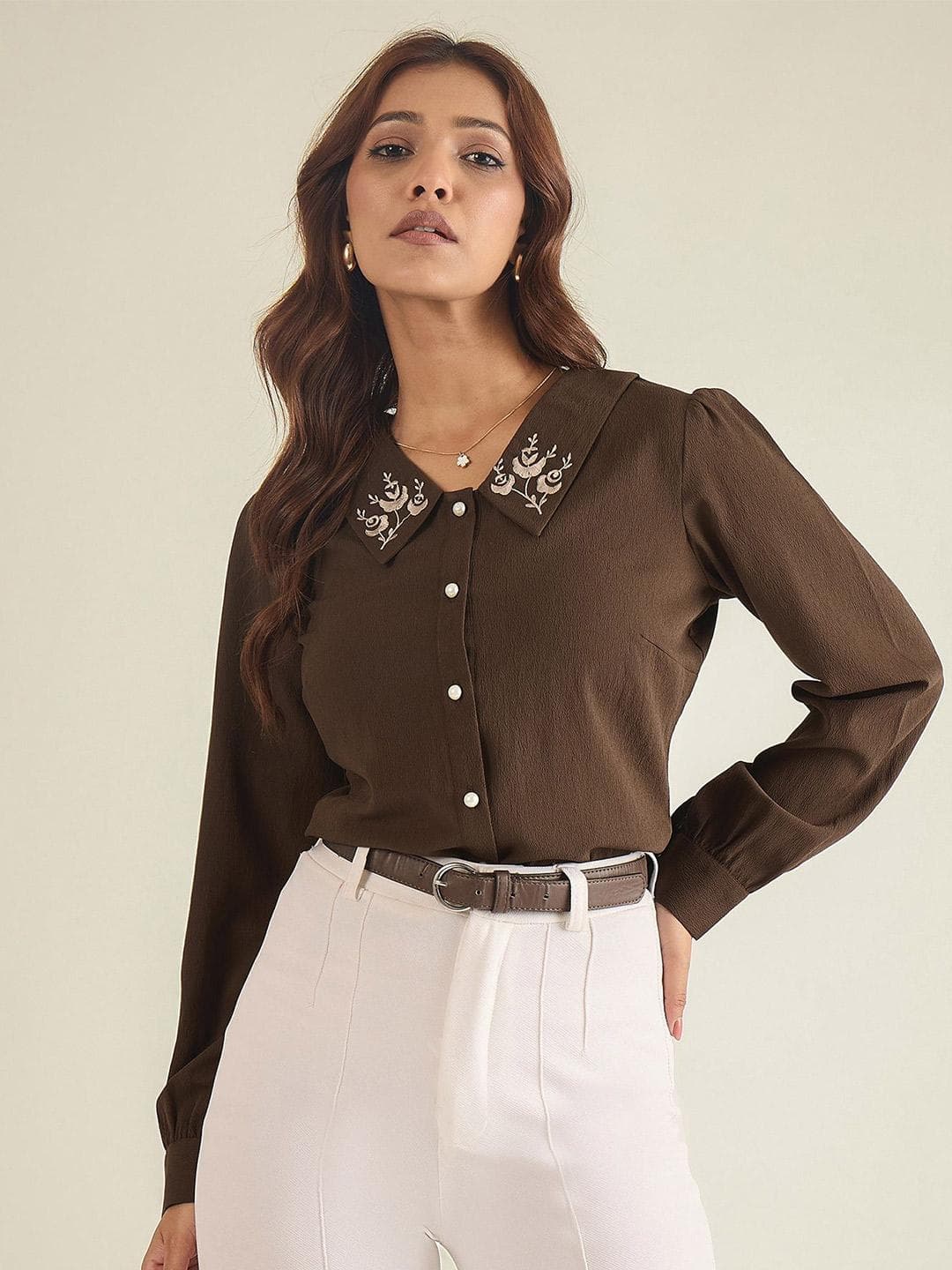 WineRed Embroidered Crepe Shirt Style Top