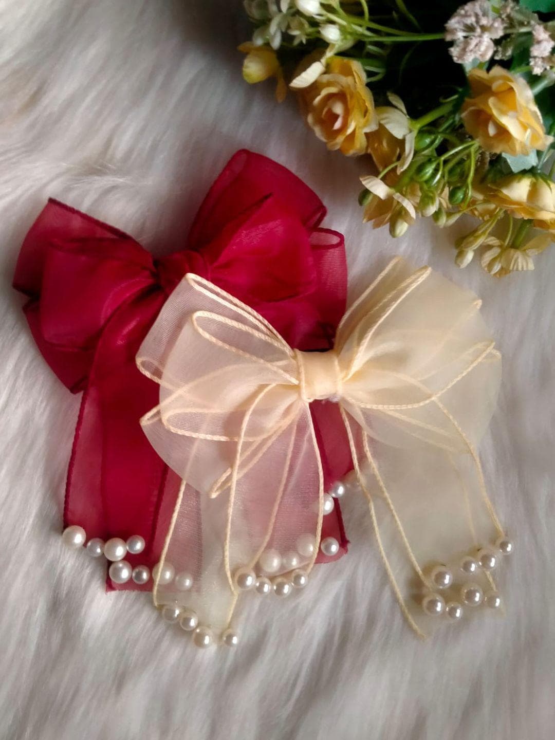 Buy LYKAA Red & Yellow 2pcs Hair Ribbon Pearl Bows With Alligator Clip - - Accessories for Girls