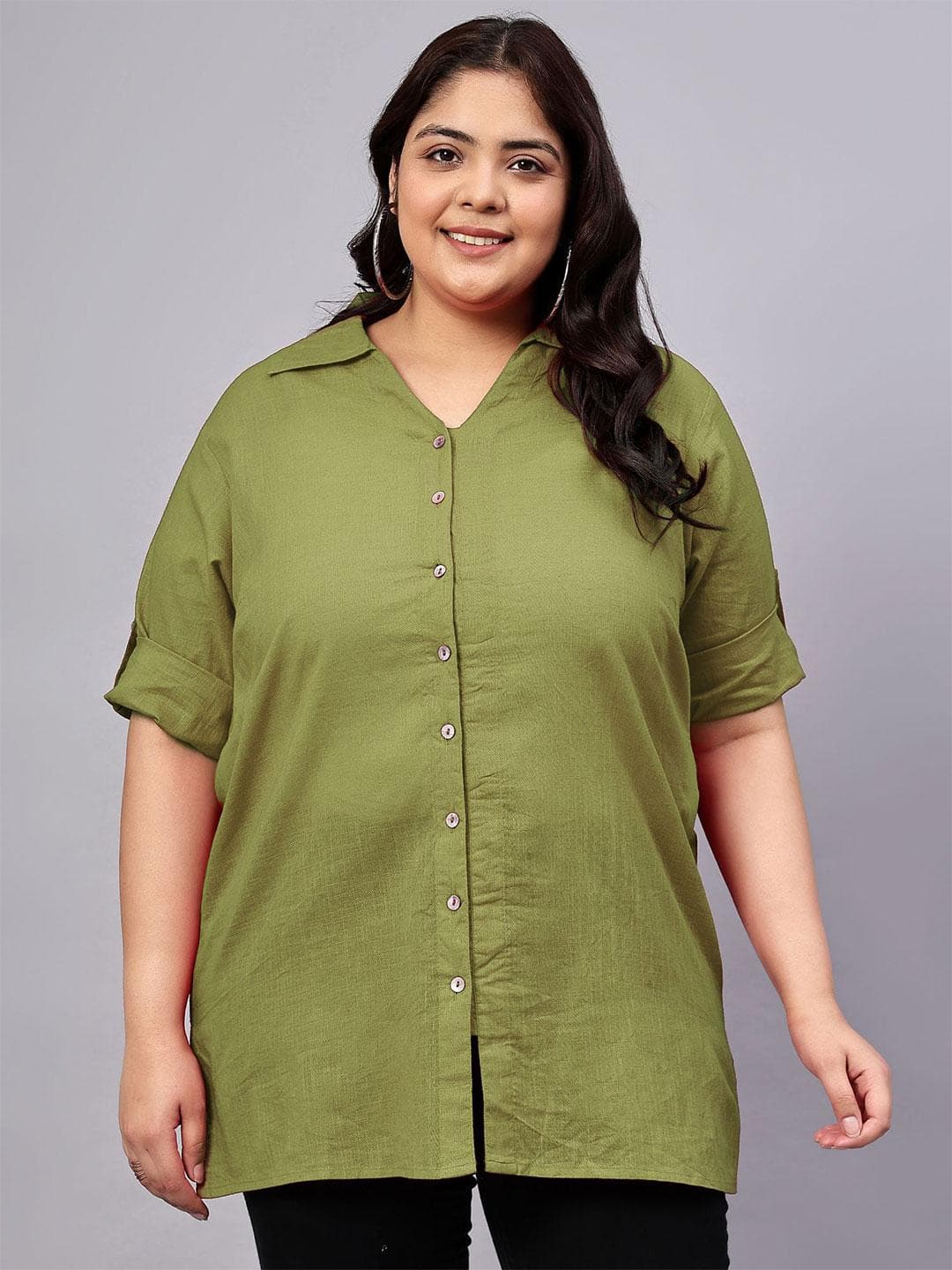 Indietoga Women's Plus Size Solid Roll-Up Sleeves Cotton Longline Shirt Top