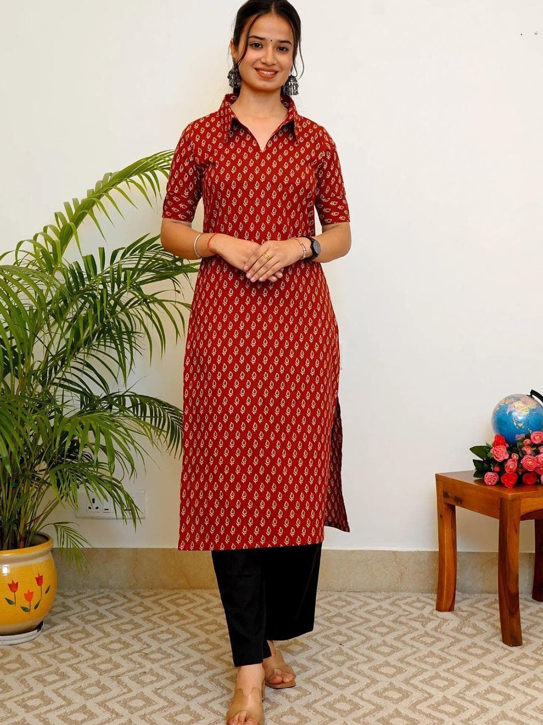 JEMCY Floral Printed Shirt Collar Straight Cotton Kurta