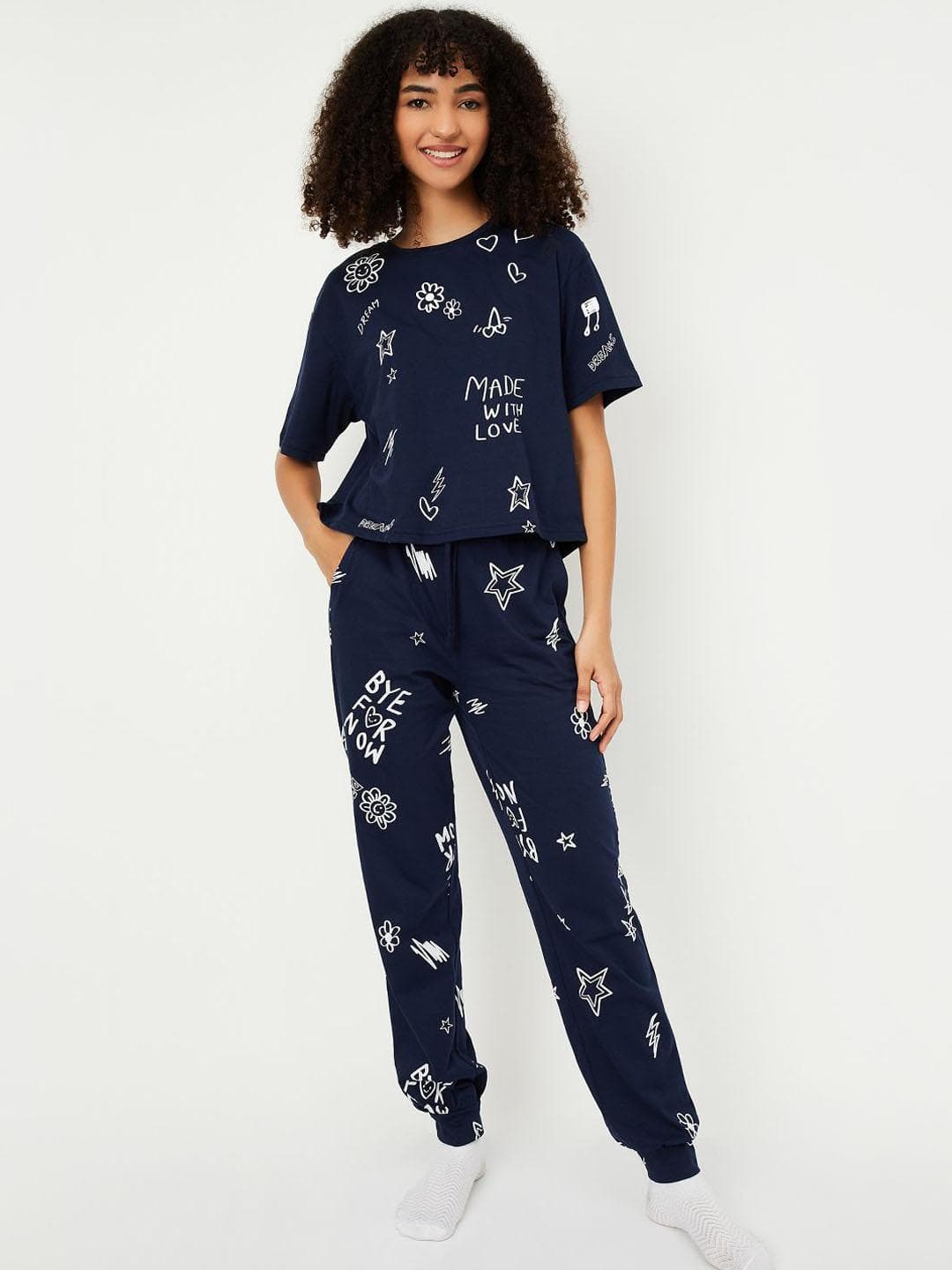 max Women Pure Cotton Typography Printed Night suit