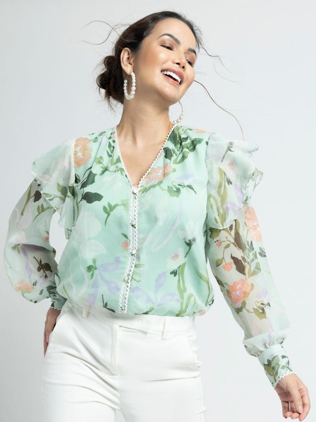 JULO Floral Print Chiffon Shirt Style Top