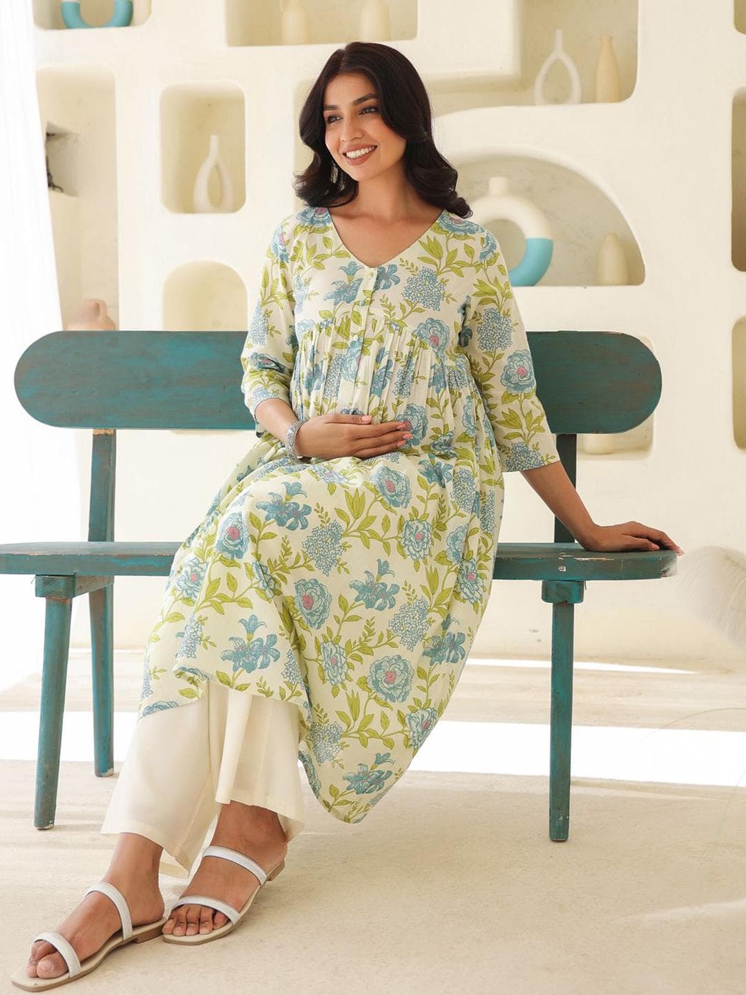 Janasya Women's Off White Pure Cotton Floral Printed A-line Maternity Kurta