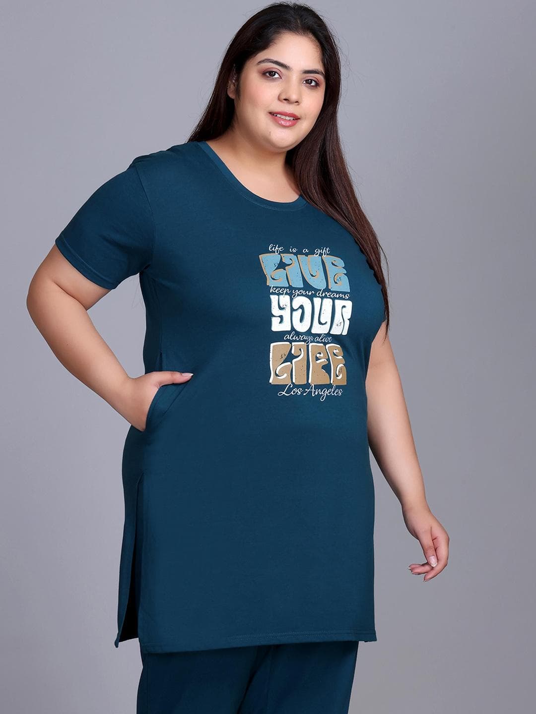 Buy IN Love Printed Plus Size Cotton Longline Lounge Tshirts - - Apparel for Women