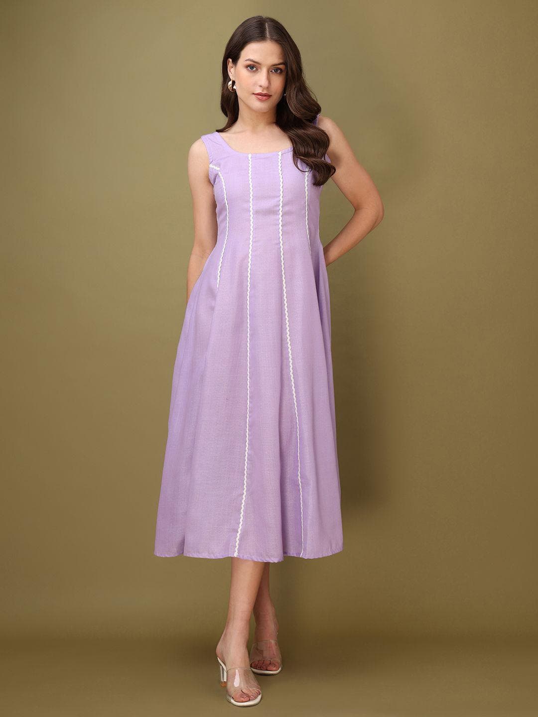 PURVAJA Solid Round Neck Cotton Fit & Flare Midi Dress