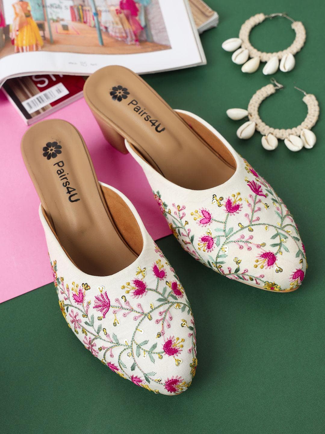 Pairs4U Women Embellished Round Toe Block Mules