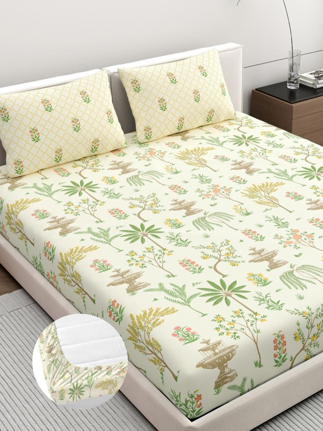 Buy Dreamscape Green Floral Pure Cotton Breathable 200 TC Fitted King Fine Bedsheet With 2 Pillow Covers 78 X 72 Inches - - Home for Unisex